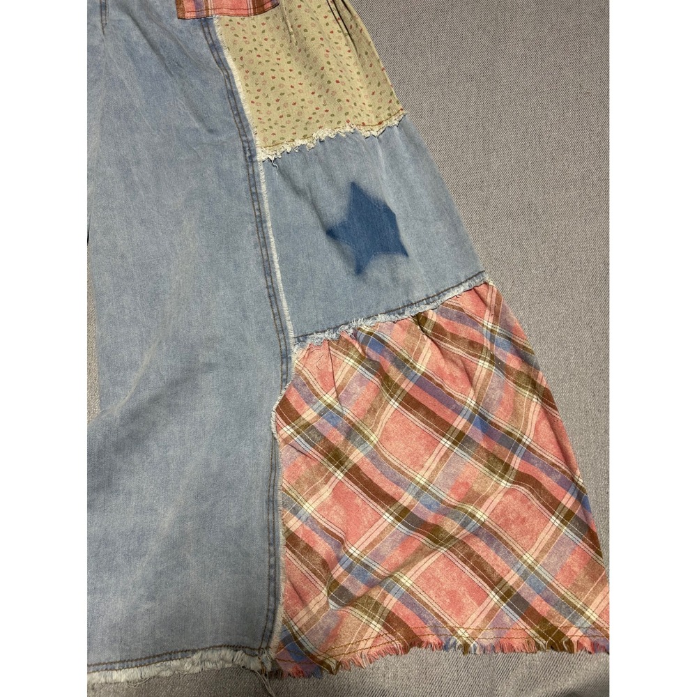 POL Patchwork Jeans Women Large Blue Star Plaid Floral Wide Leg Boho Denim - Picture 5 of 9